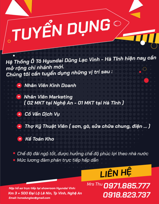 Ô tô Hyundai Nghệ An- Hà Tĩnh tuyển dụng